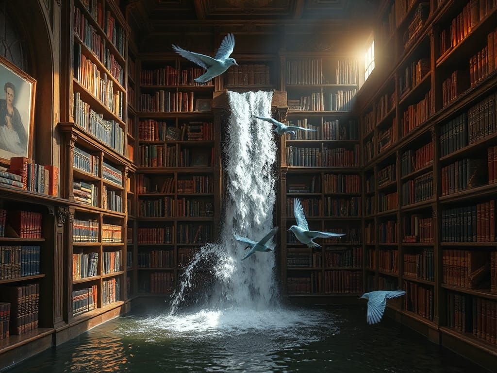 Waterfall in a library  by @Jorge