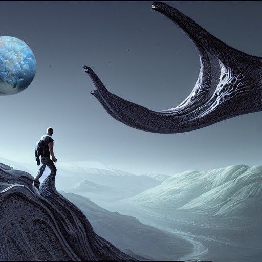 Man taking first step on alien world