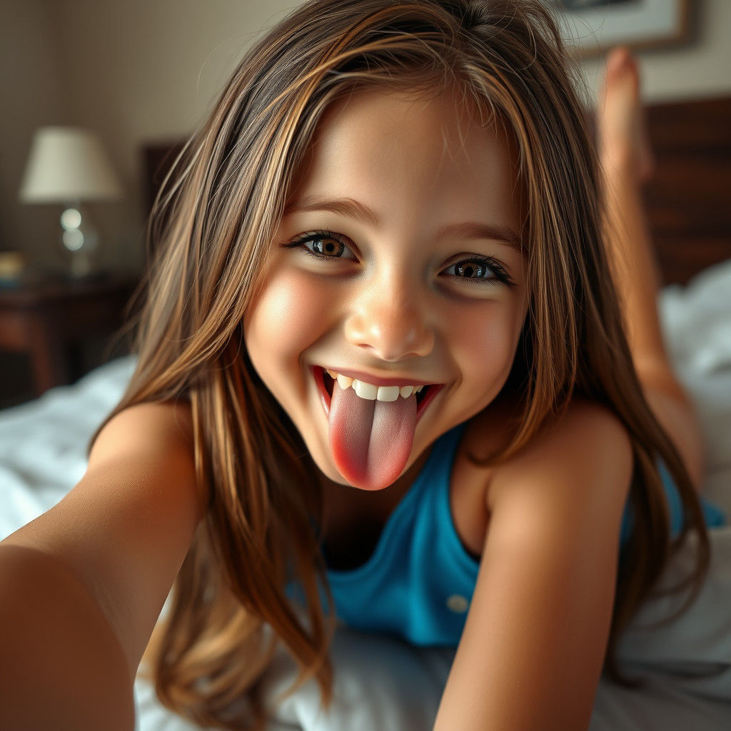 The image is a close-up selfie of a young girl lying on a be...