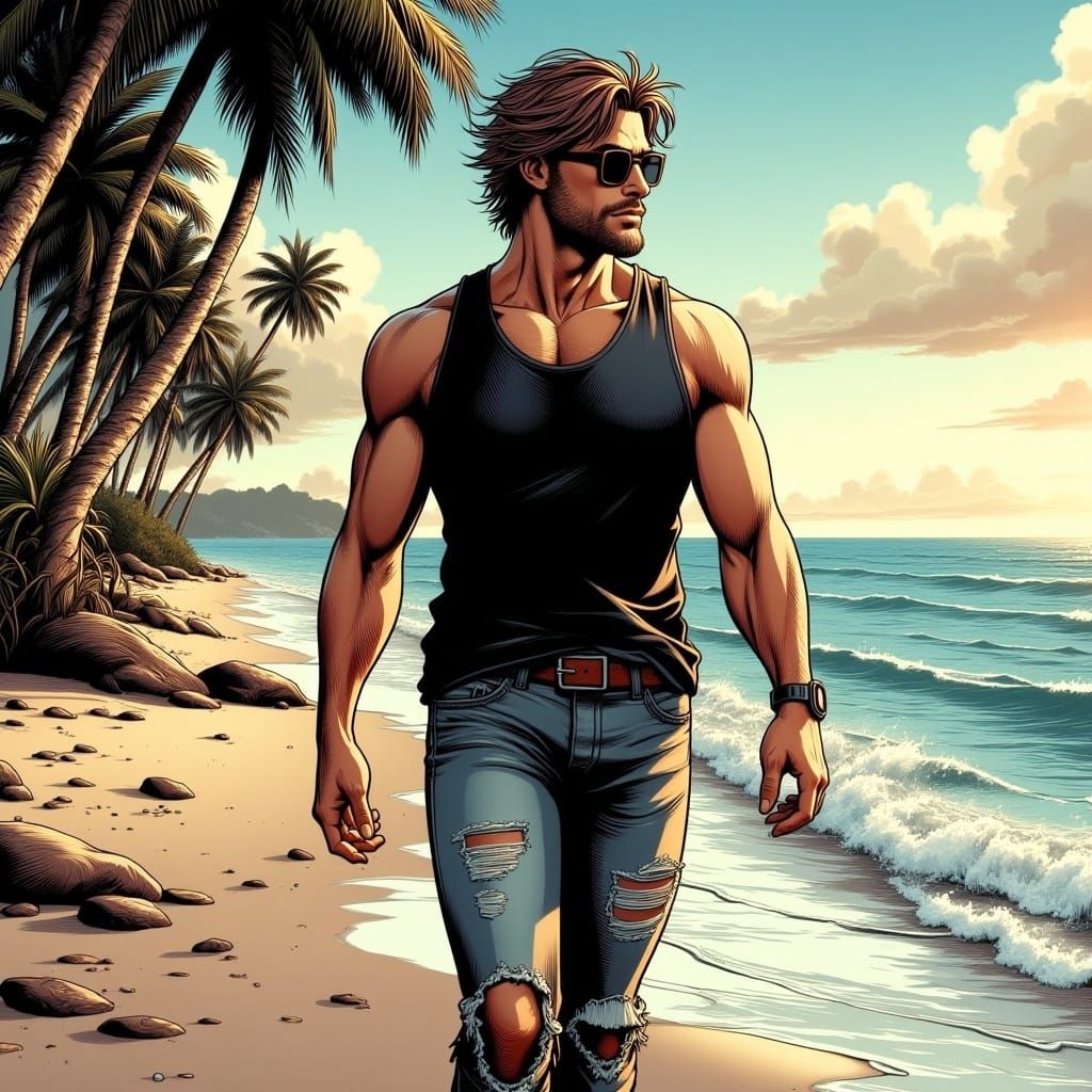<lora:Flux Comicstyle:1.0> a handsome, beautiful, athletic, tattooed 60-year-old hipster in loose fitting black tanktop and short jeans pant...