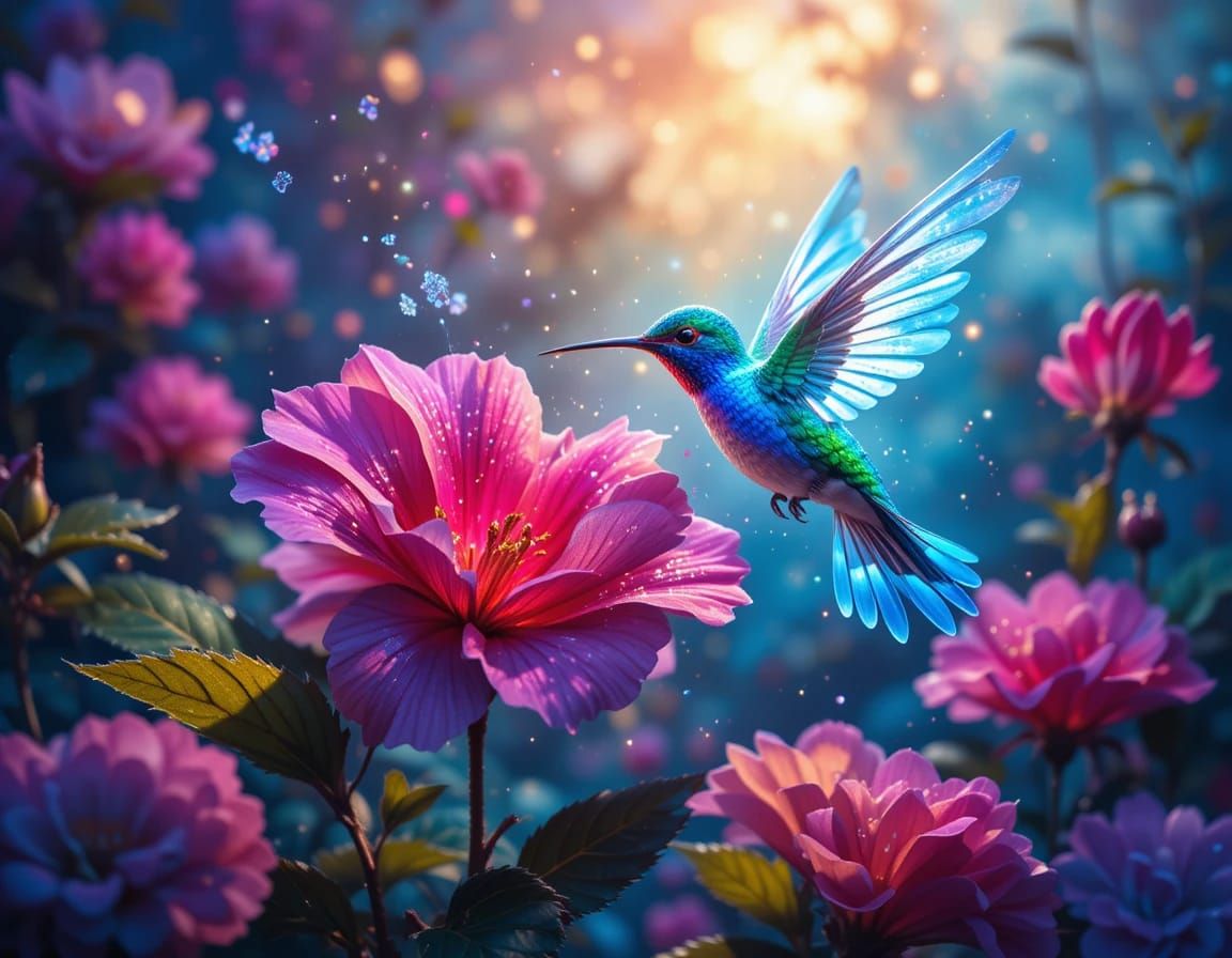 An exquisite, ultra-vivid petunia in full bloom, with a luminous hummingbird gracefully hovering above.