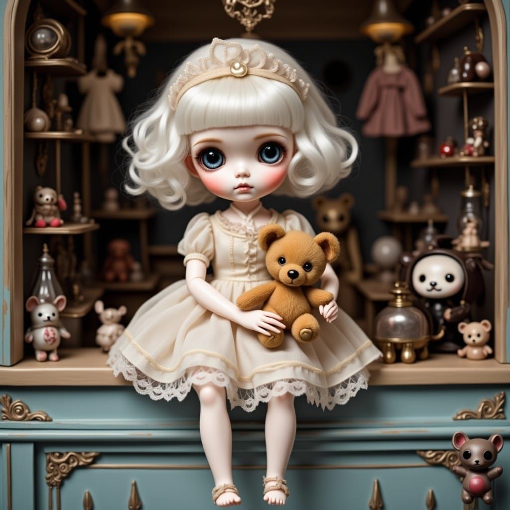 <lora:Flux Dolls:1.0> Beautiful doll, big round eyes, sitting on storefront counter holding a teddy bear/