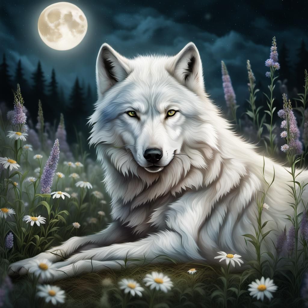 Mystical. Realistic. A scarred, battered white wolf peaceful...