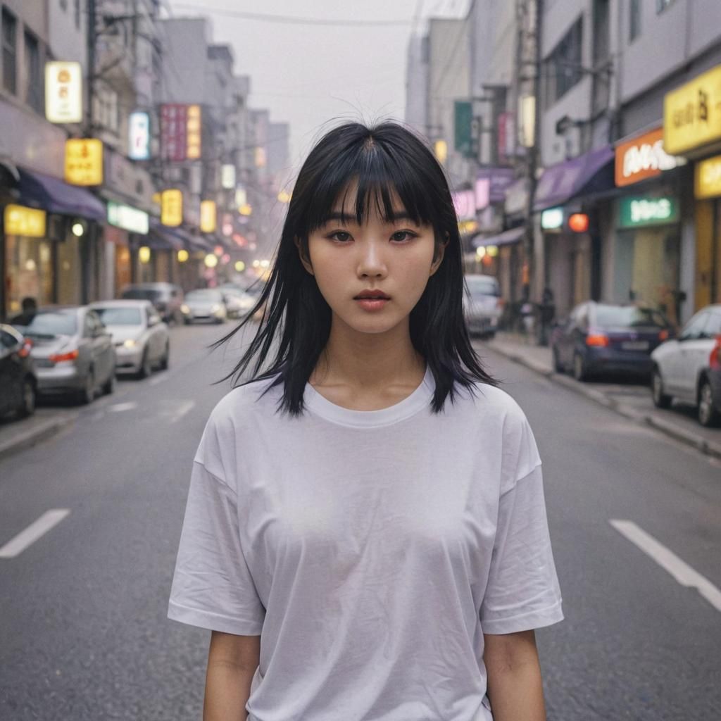 South Korean Girl in Oversized T-Shirt: Digital Art