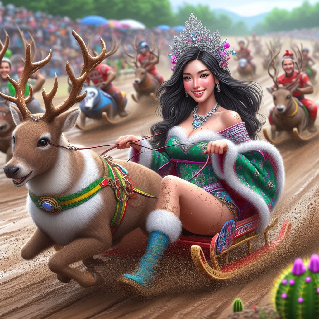 Beautiful lady riding animal at muddy circuit (version 5)