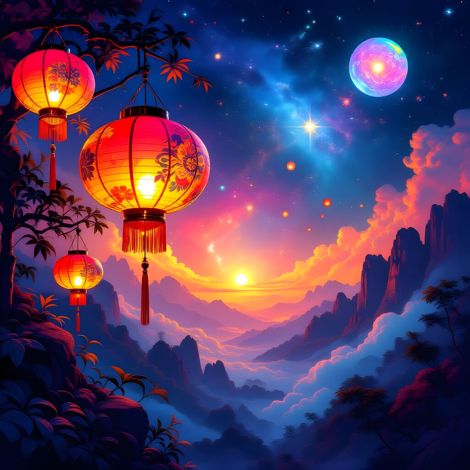 Asian lanterns on a mountain  by @JuhJuh