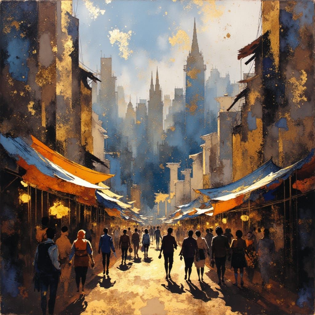 <lora:Black-n-Gold:1.0> A bustling, vibrant marketplace in a city that seems to float amongst the clouds, showcasing stark contrasts between...