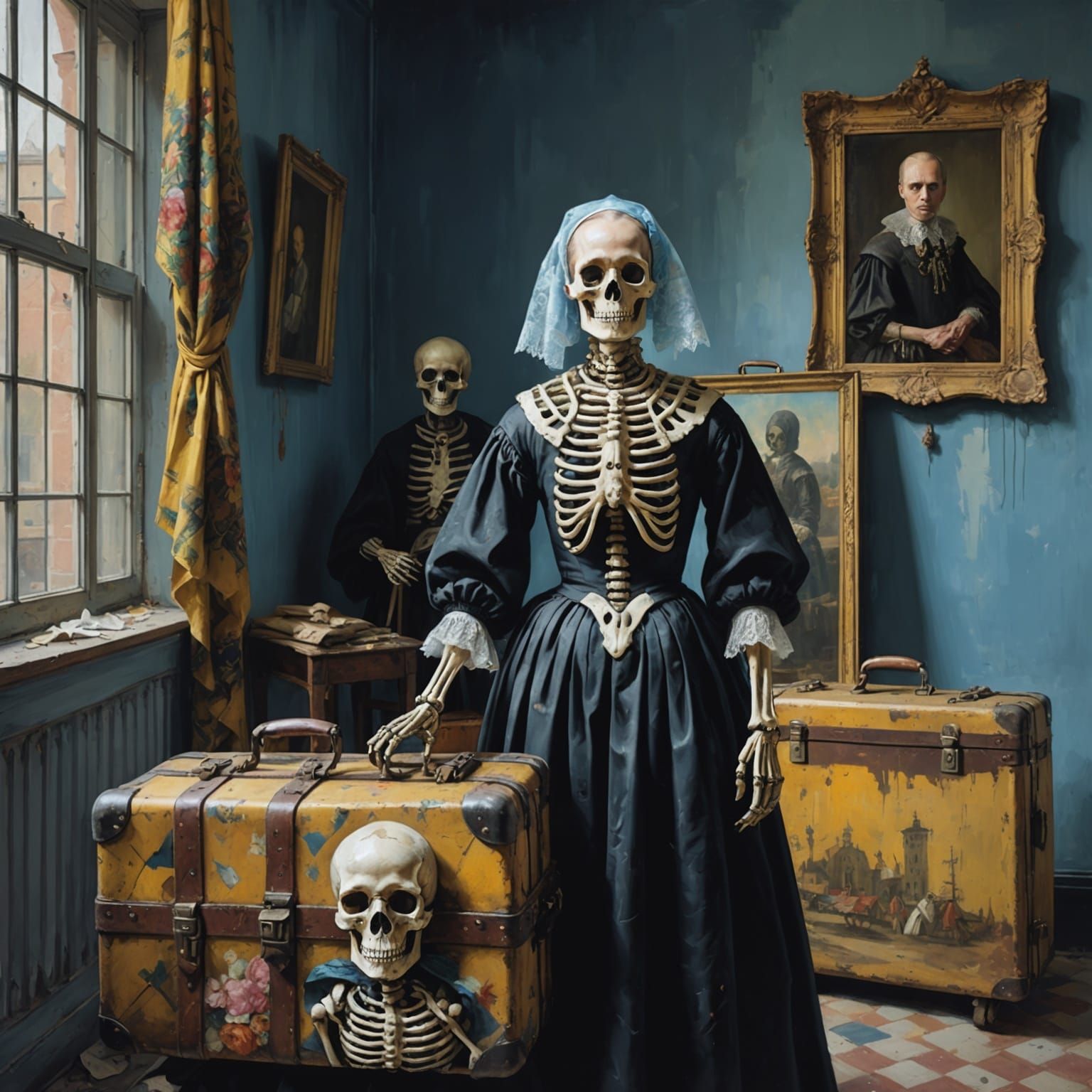 Putin accompanied by skeletons in torn dresses and in kokoshniks carrying metal suitcases, (Vermeer style, high quality, thermal camera, pas...