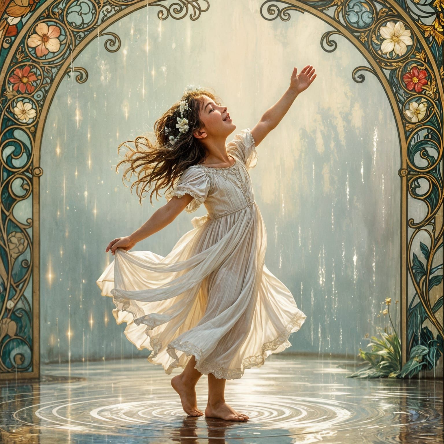 Dreamlike portrait. A child dances in the rain, head back, pure joy, laughter. Soft, ethereal impressionistic ...  by @Tilted25