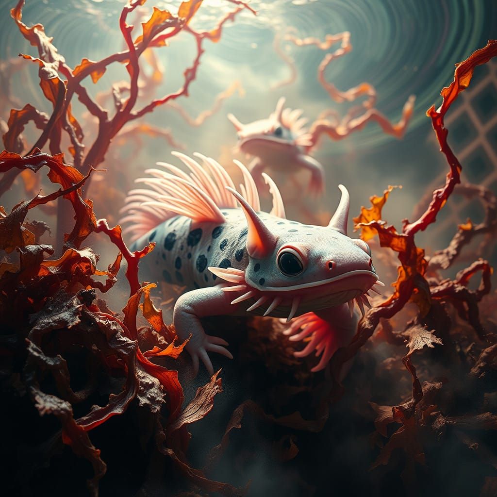Axolotl emerging from dirty but vibrant seweeds amidst a swirling, dreamlike mist, set against a abstract graphic overlay reminiscent of Op...