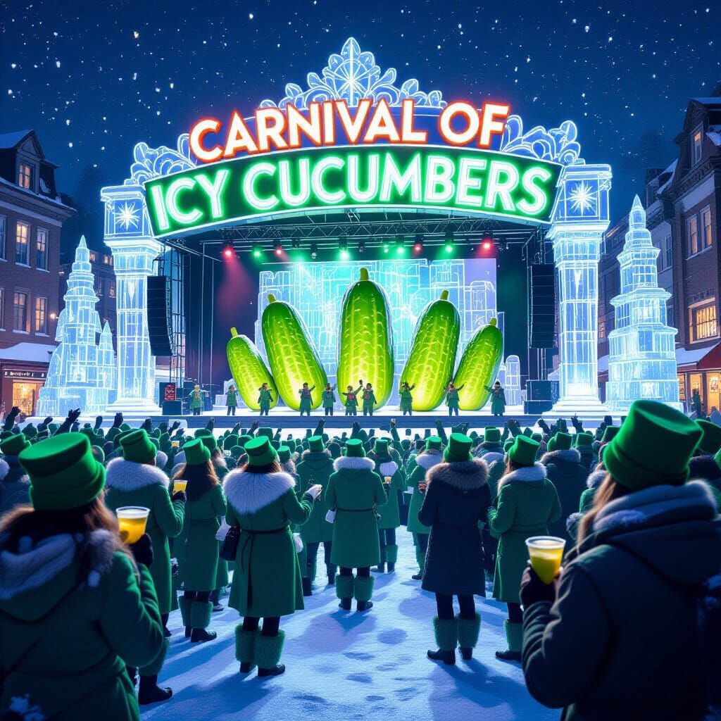 A snowy square decorated with neon-lit ice sculptures shaped like giant cucumbers. People dressed in green hats and costumes celebrate, eati...