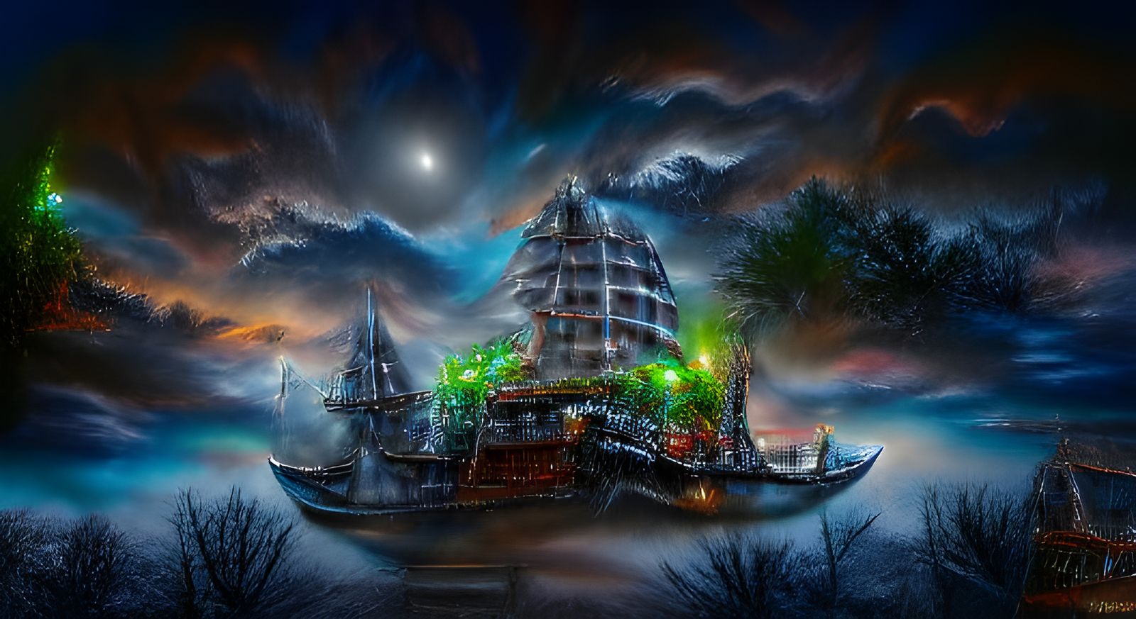 pirate port city with many canals, digital art, night, Stable Diffusion