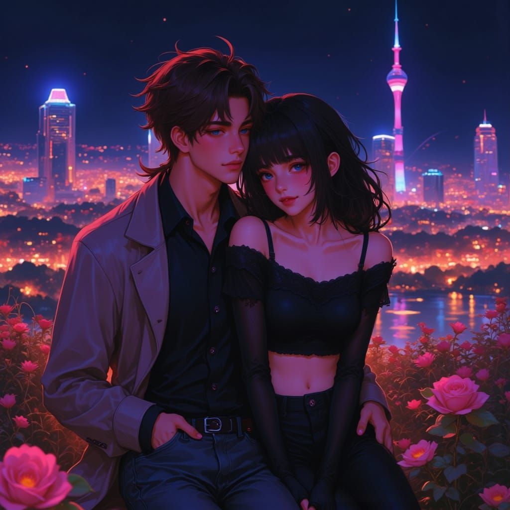Semi-Realistic Portrait of a Couple Under Starry City Sky