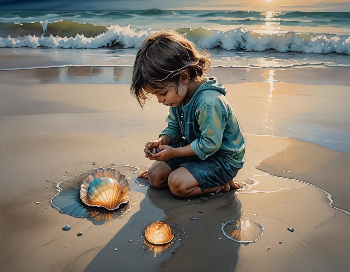 Surreal ink painting with glowing highlights and textured washes. Medium shot. A child kneels on the ...  by @Exo1124