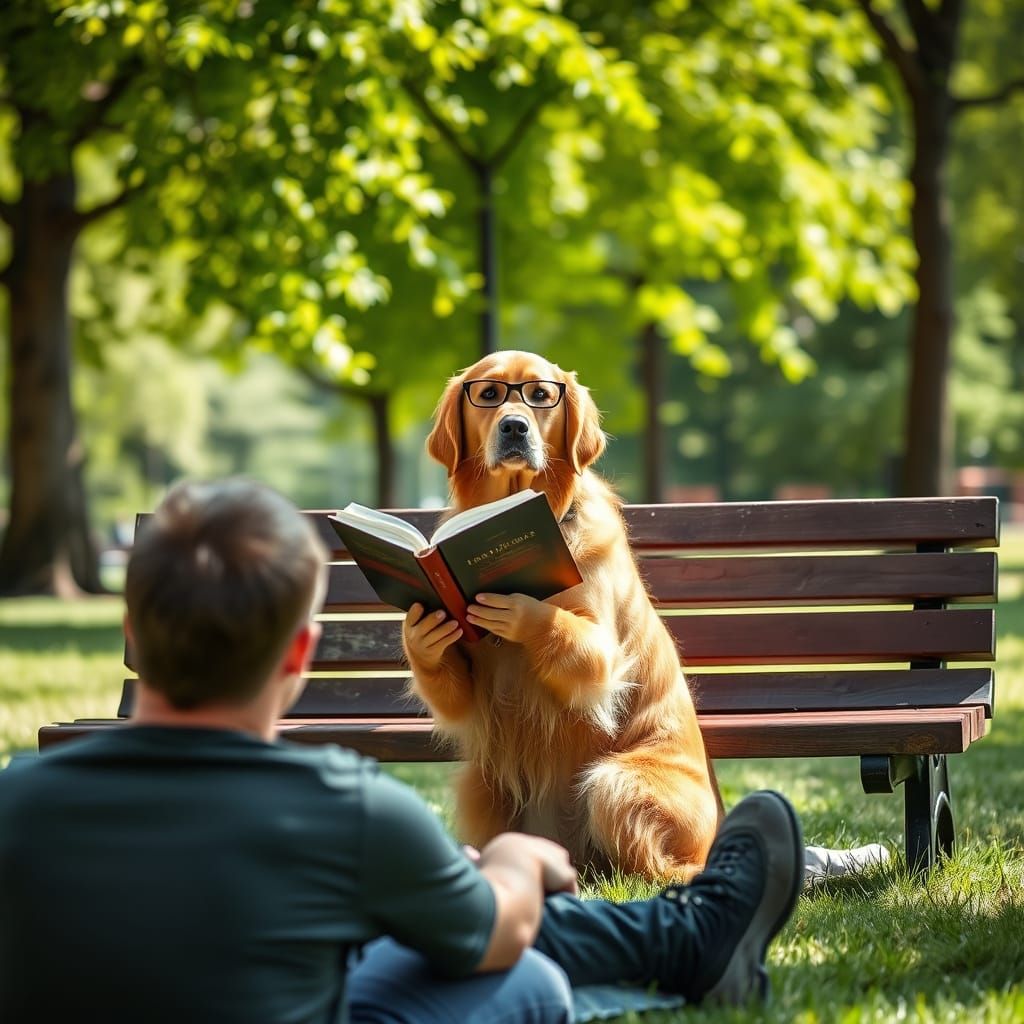 Golden Retriever Reads Book in Sunny Park