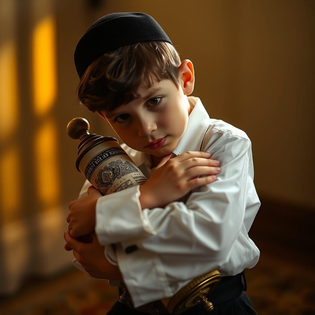 Devout Boy Embracing Torah Scroll in Golden Light