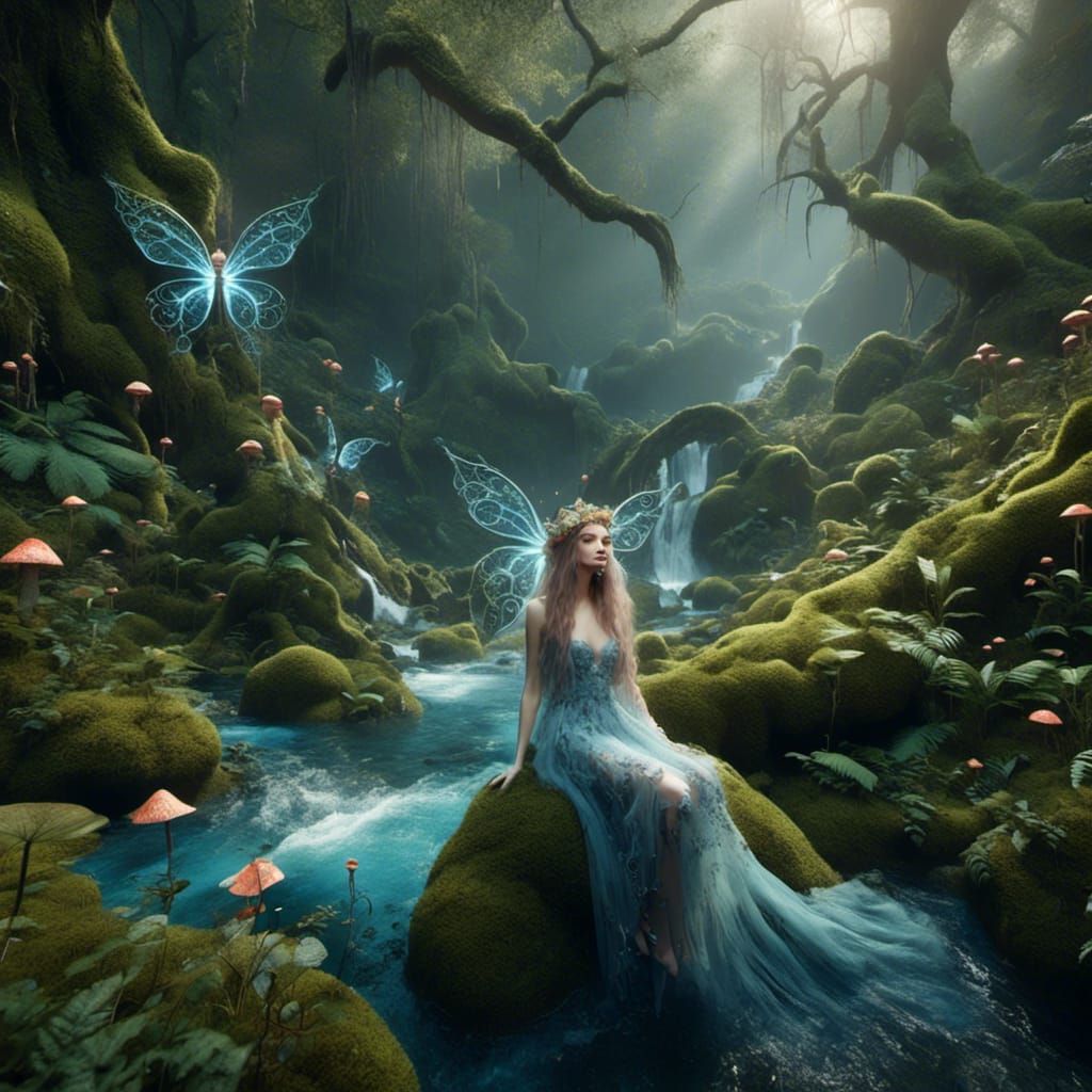 Beautiful slender adorable faerie in an ancient forest with ...