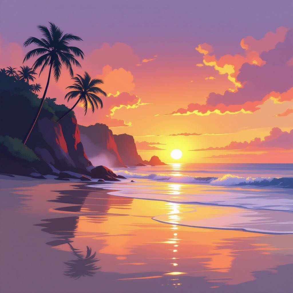 Sunset Beach Scene with Palm Trees in Airbrush Style