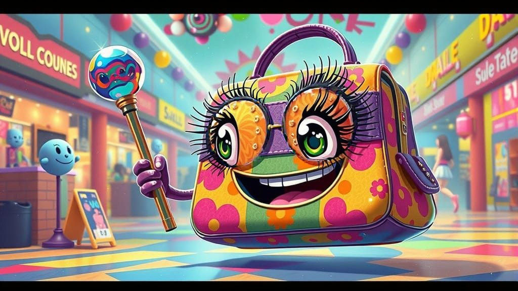 A colorful, anthropomorphic purse with large, expressive eyes, luscious long eyelashes, and a wide, cheerful smile, holds a shiny baton, se...