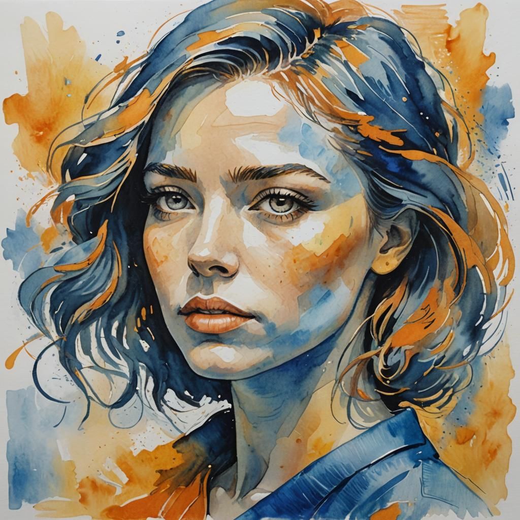 Watercolour abstract portrait of a young woman, at a side an...