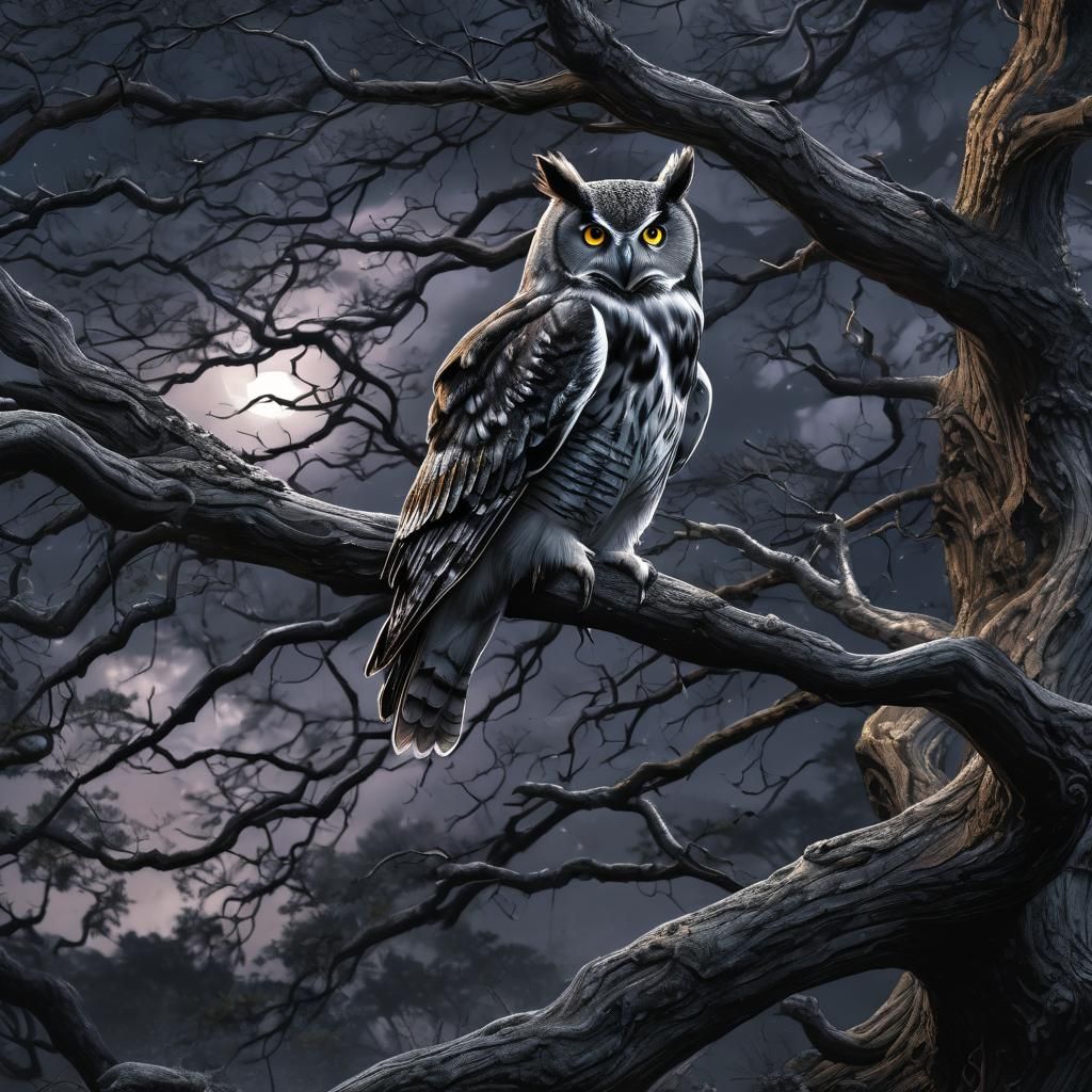 An beautiful owl on the branch of an old tortuous oak tree. (LIghtning ...