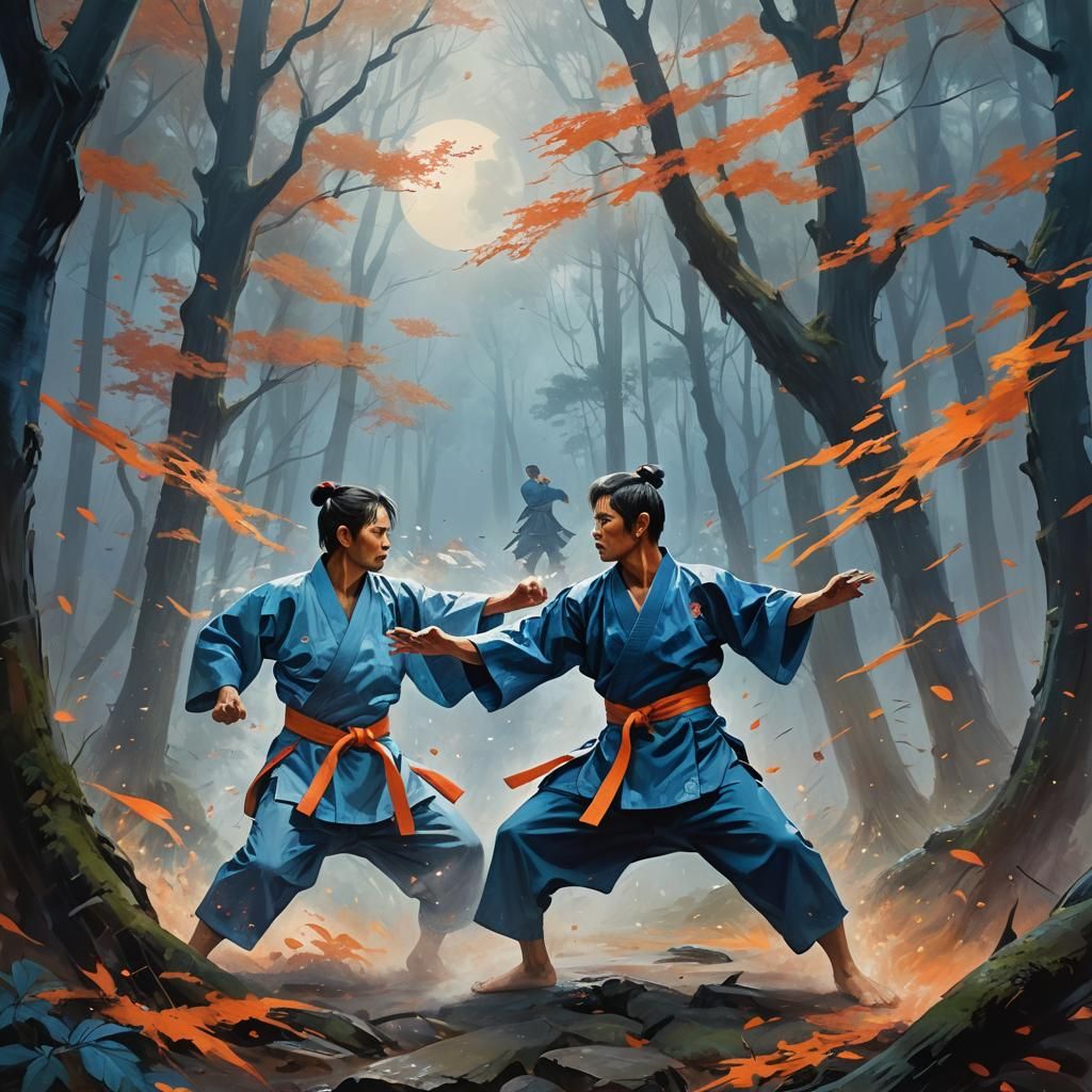 Karate Fighters Clash in Misty Forest, Vibrant Oil Painting