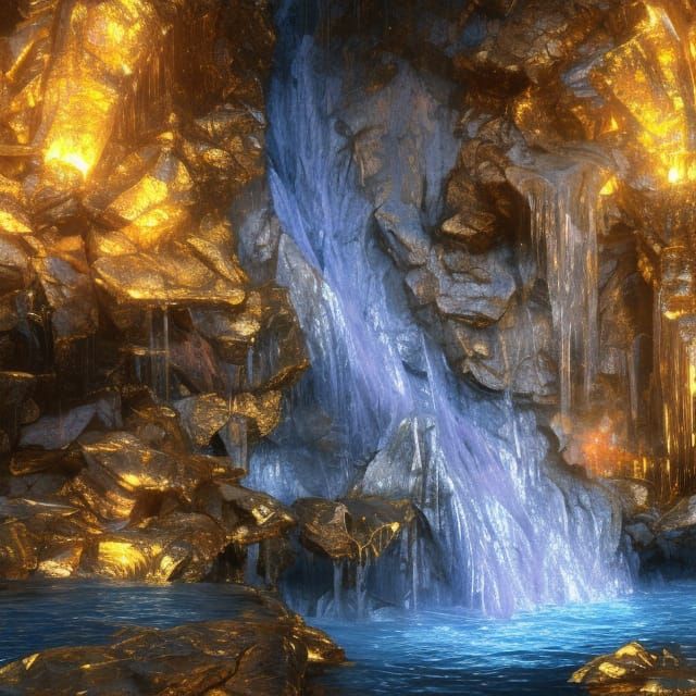 Waterfall in a cave made of gold