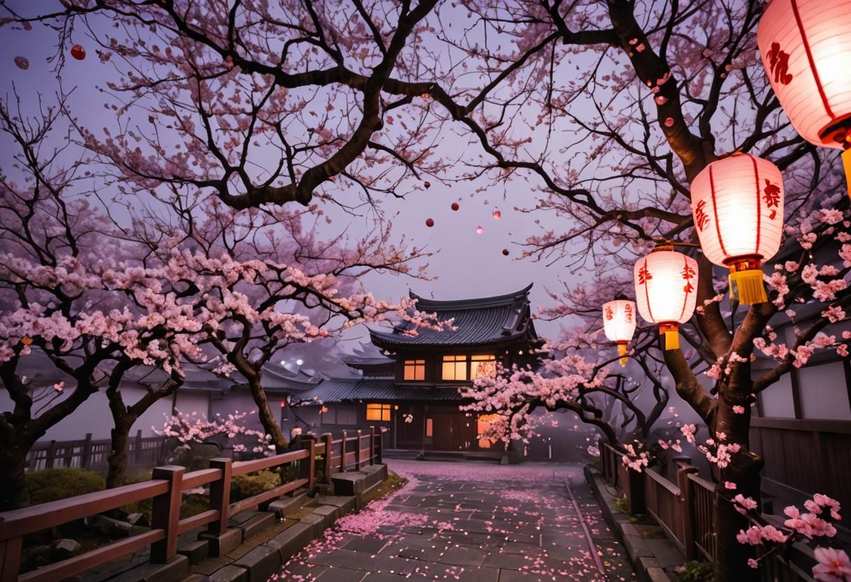 Japanese blossom tree, flying purple pedals, clear bubbles, ...
