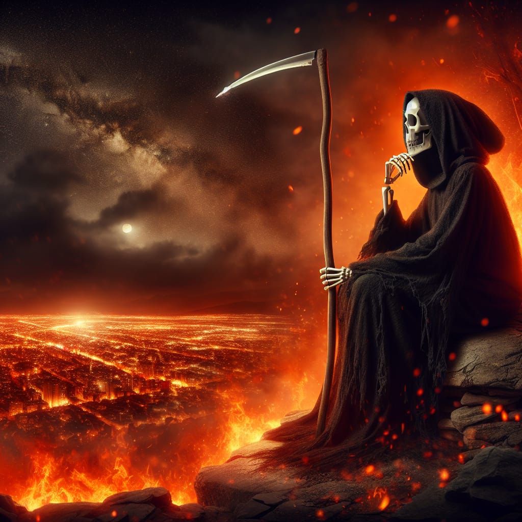 death from "terry pratchet's discworld series" sitting on a rock watching a city burn  by @CatFly