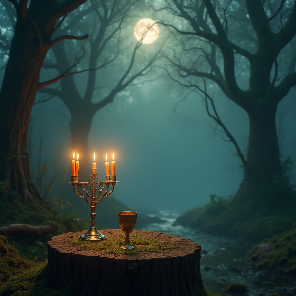 Shabbat Serenity: Golden Menorah and Wine in a Mystical Fore...