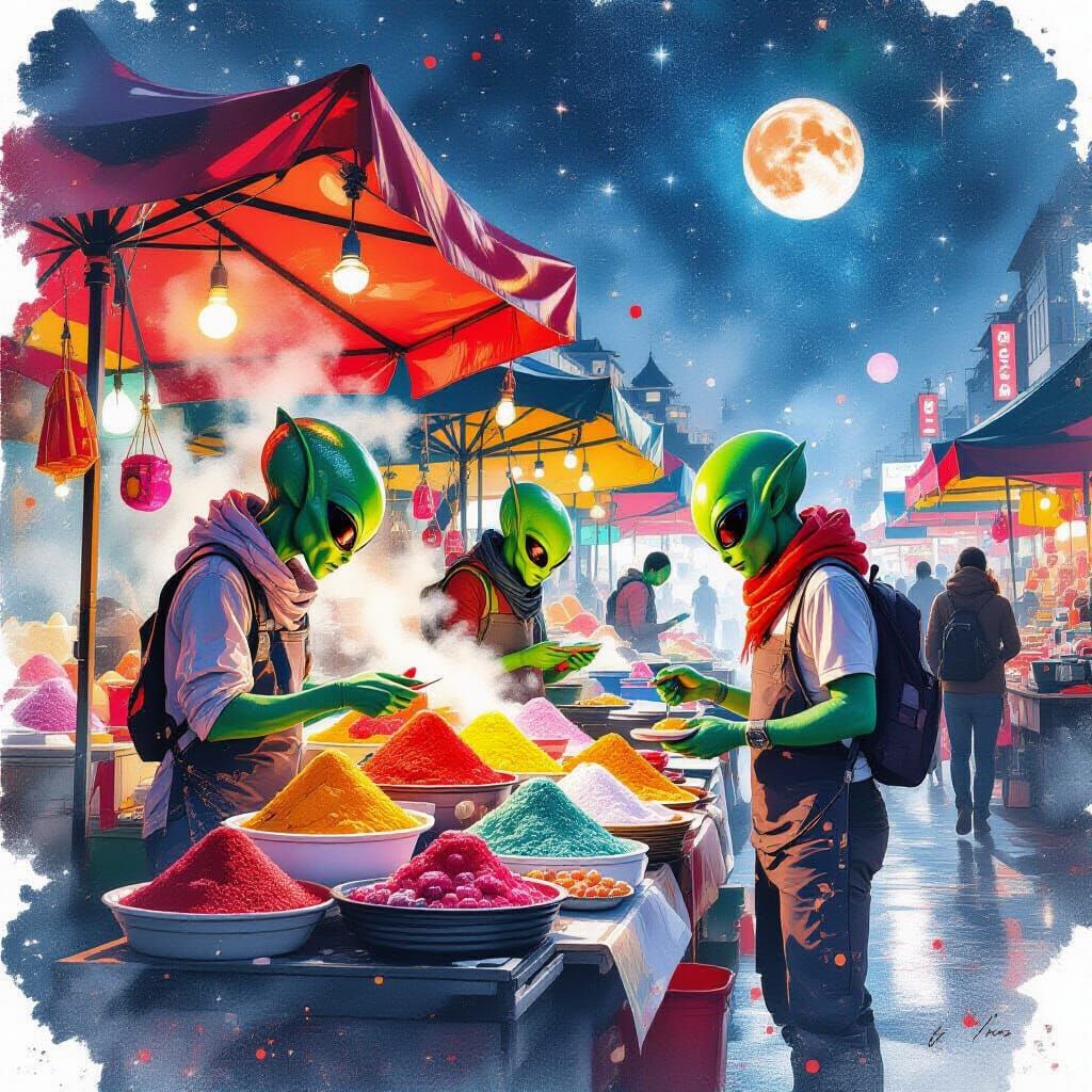 aliens from alien working at a market, selling colourful spices, fish, sweets, and nick naks, night market ...  by @Kindly Offer