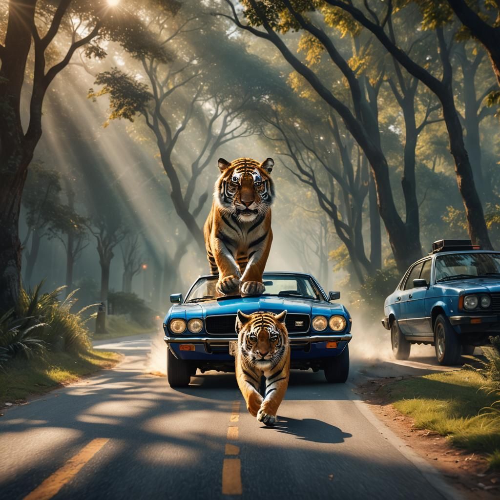 רכב כחול נוסע מהר . ולידו רץ נמר גדול