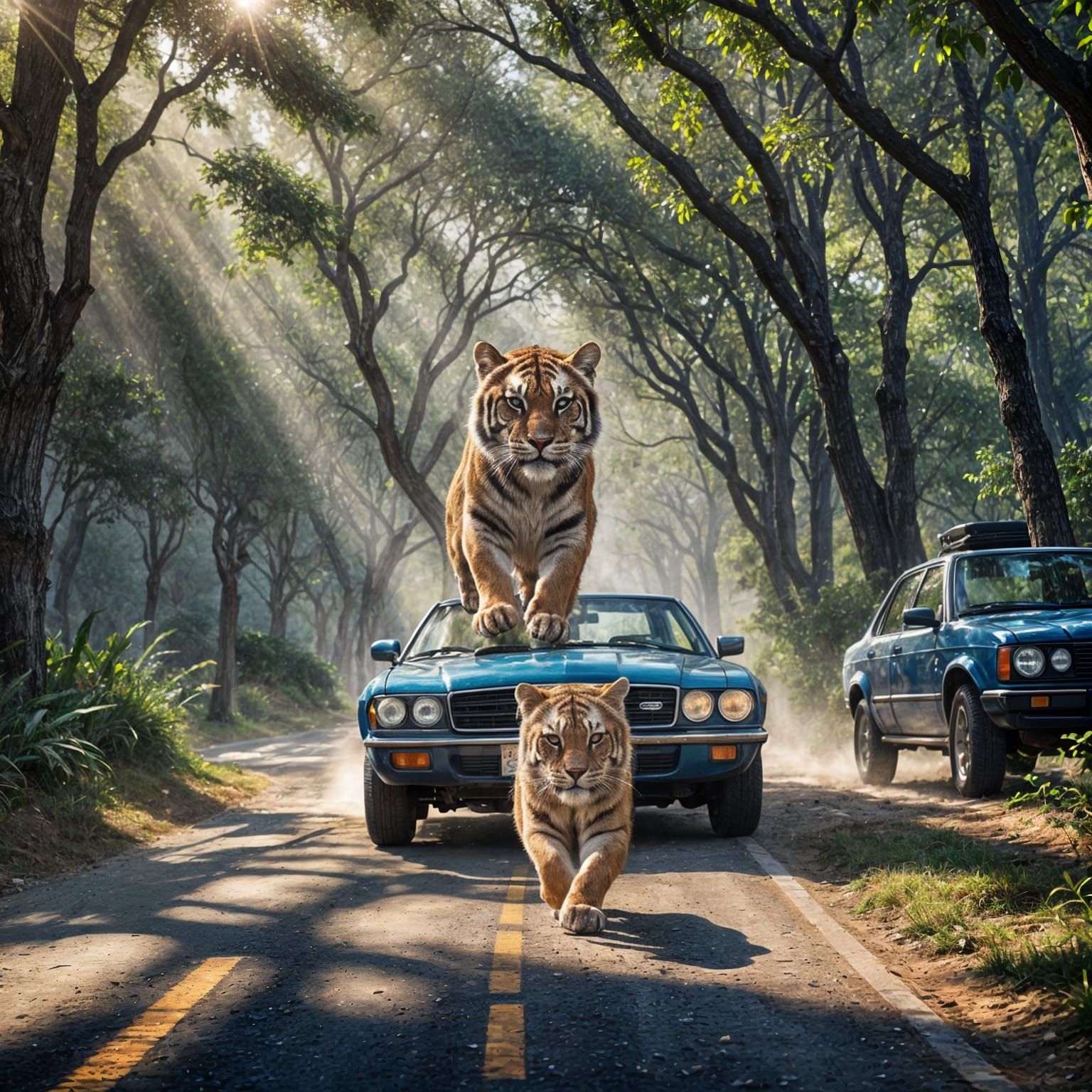 Blue Car and Tiger Running, Hyperrealistic Image