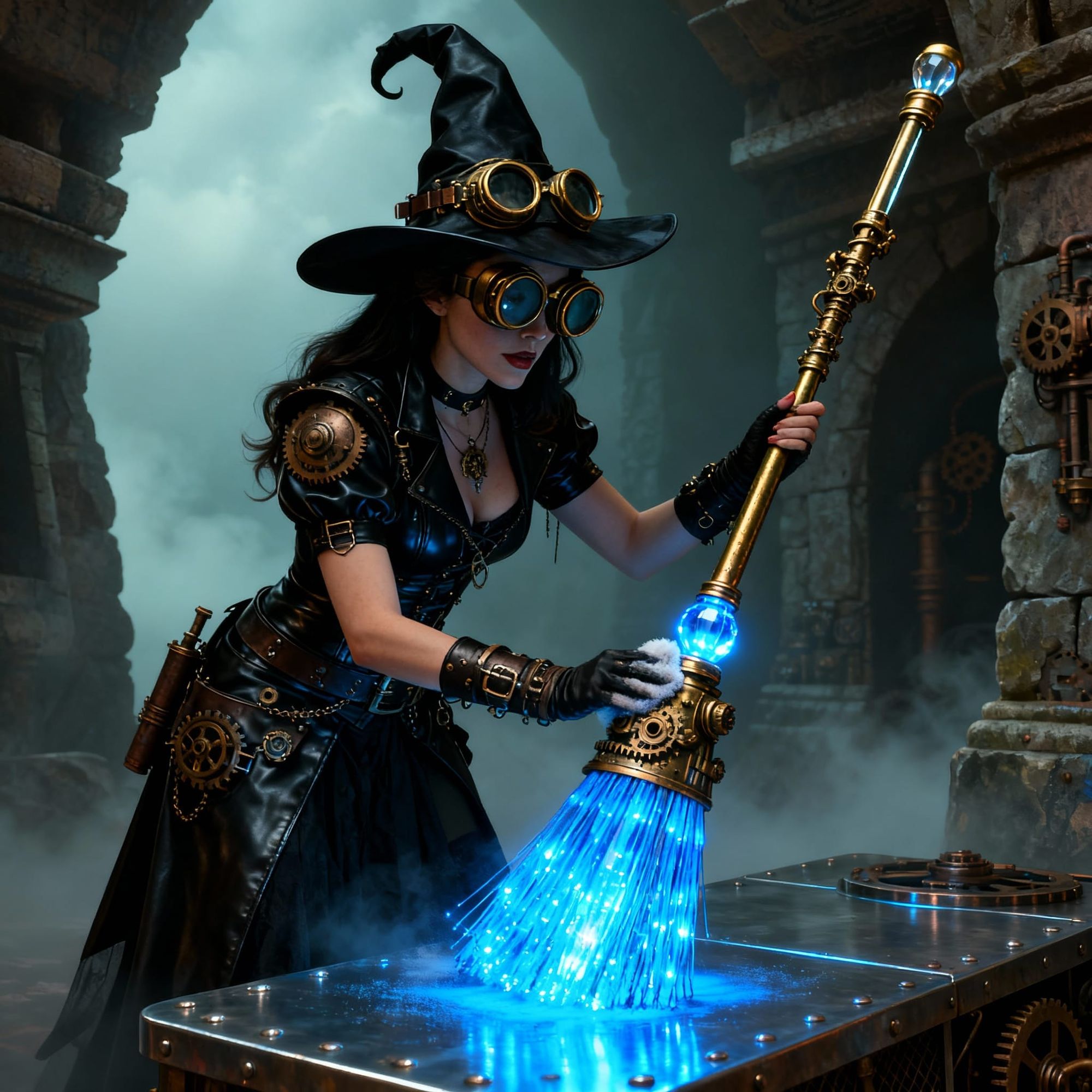 Raquel the Witch polishing her steampunk brass and glass broom which is glowing brilliant blue
