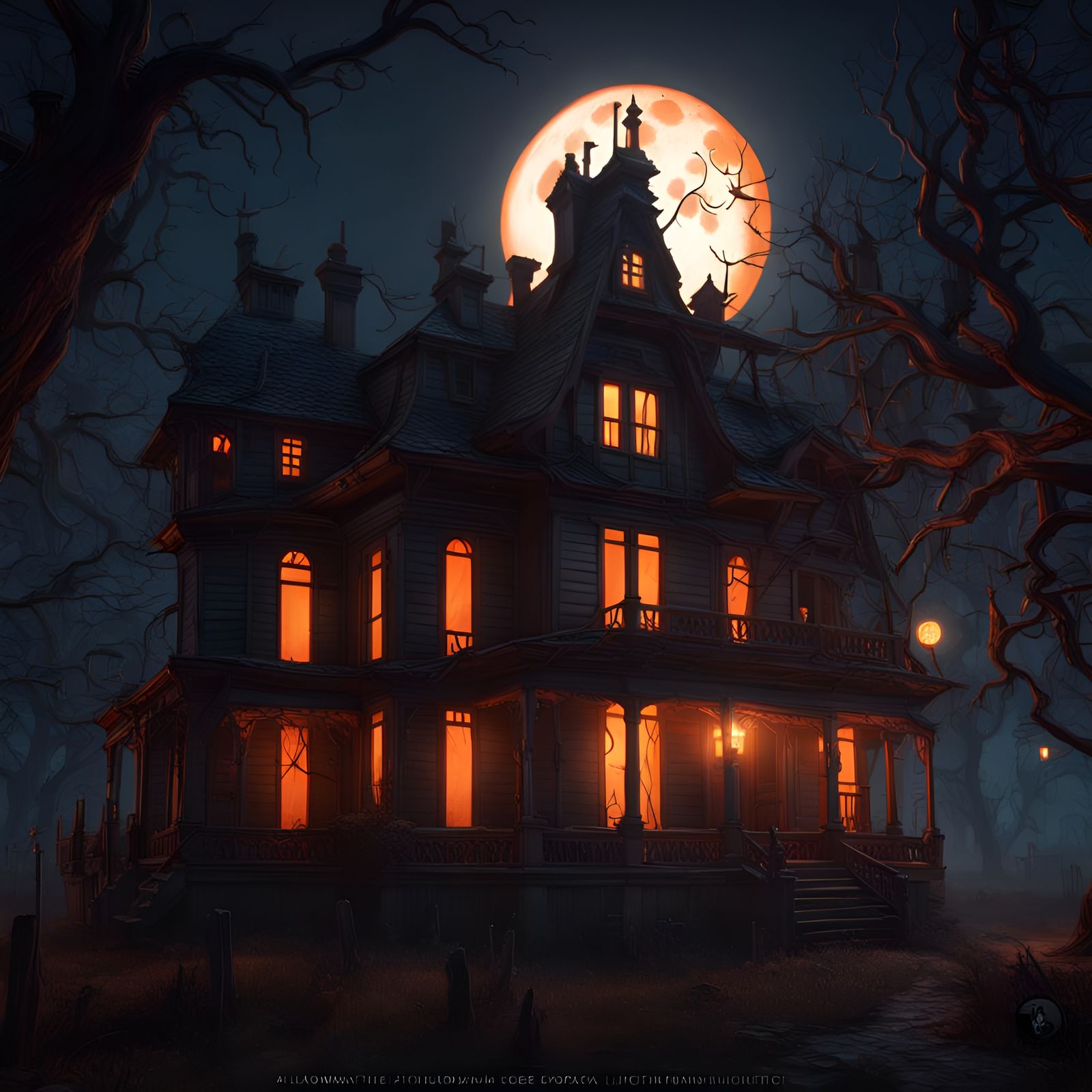 a haunted house with 20 windows, orange full moon, dead tree...