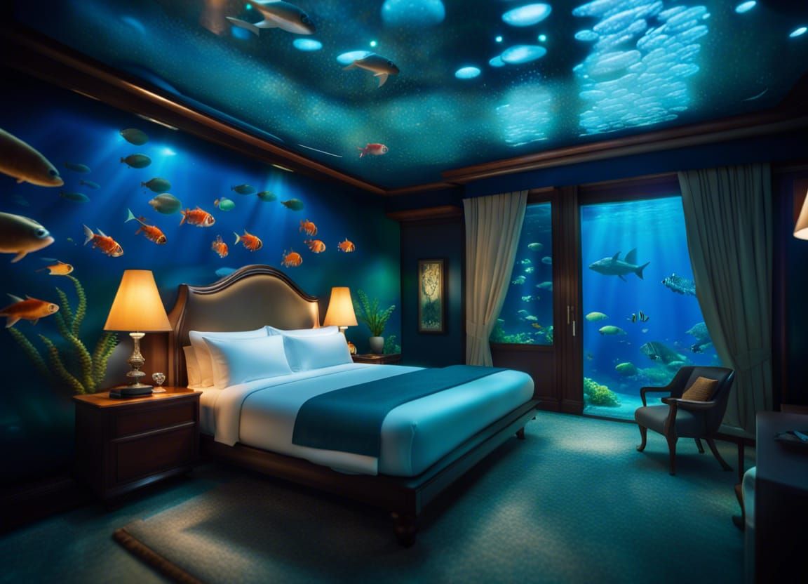 insanely detailed luxtury hotel room under the sea, with fish swimming ...