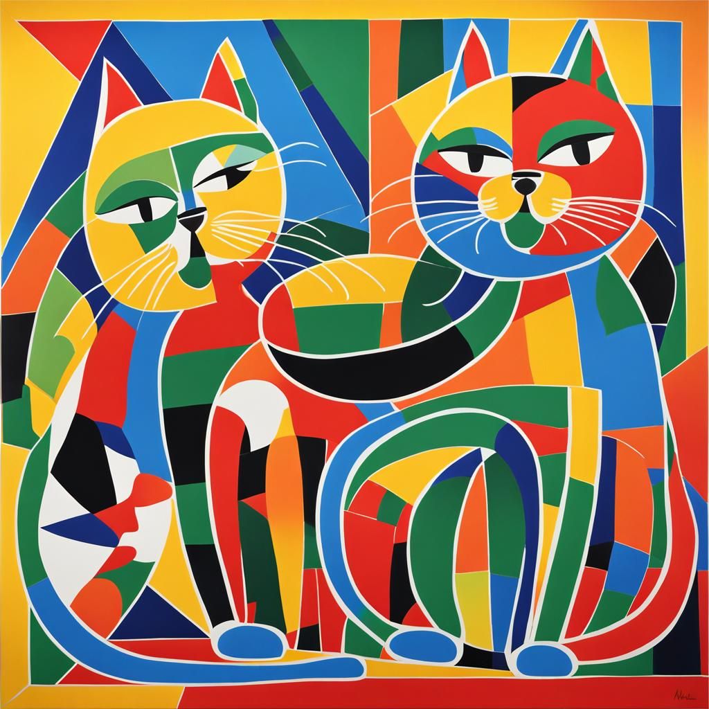 Minimalism three cats, cubism cats, cats sitting, cats playi...