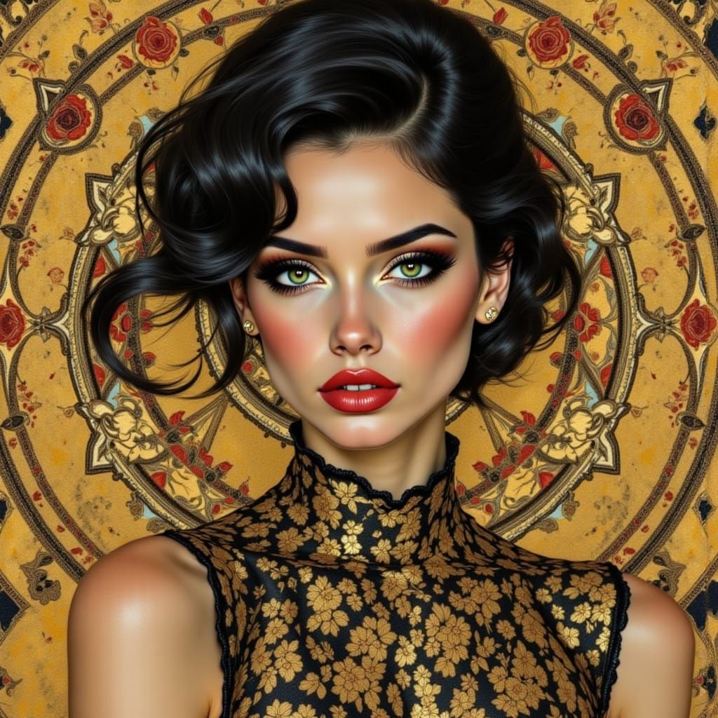 Gustav Klimt style art by ANDREA LA MARTINA: : PORTRAIT of baroque-avantgarde stunningly beautiful female fashion model , vibrant, mid-centu...