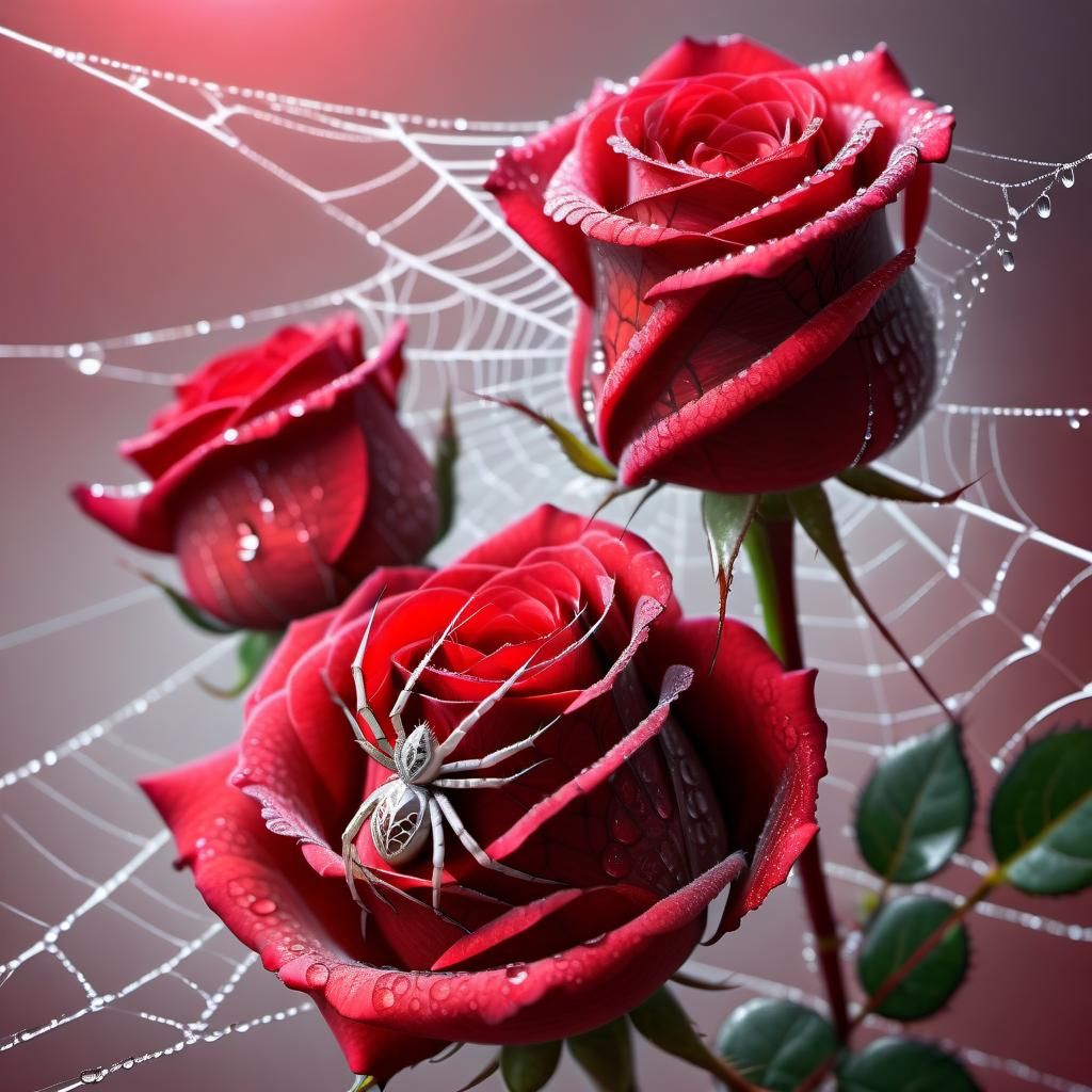 Spider and web on roses  by @Billybob Thornton