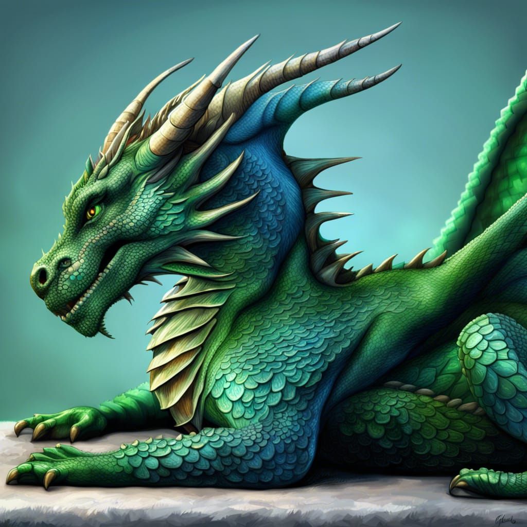 realistic green dragon full body seen from the side, head re...