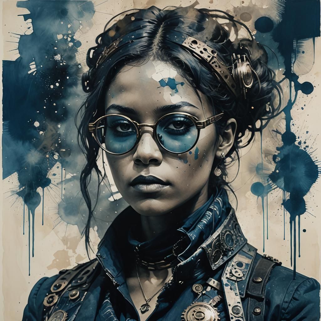 portrait steampunk, edgy SILHOUETTE, splatter ON GLASSES, Ndebele art, cyanotype. Silvia Pelissero, Jeremy Mann  by @Winter