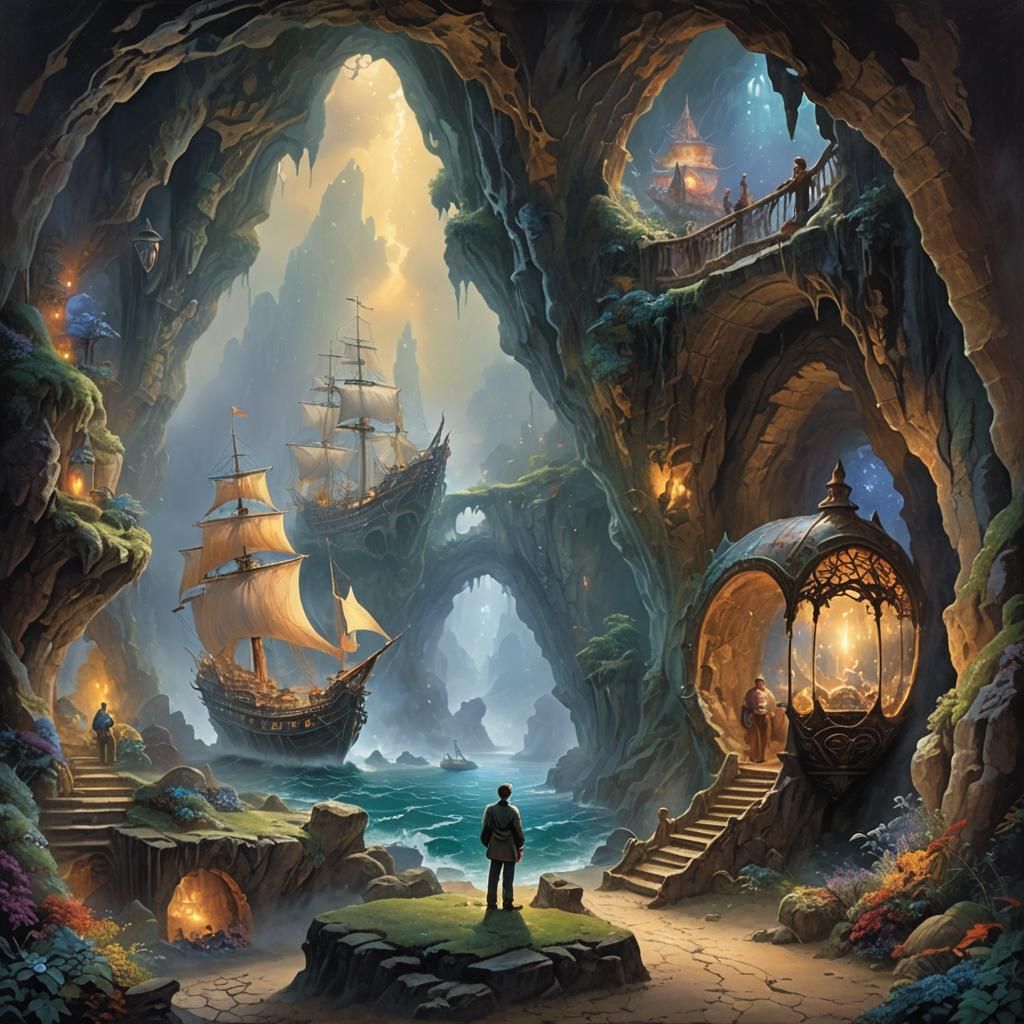 A ship in a bottle in a cave with a man looking at it, stala...