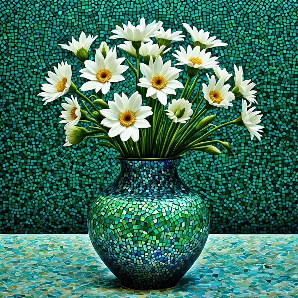 White mixed flower in a Blue green mosaic vase,round glass p...