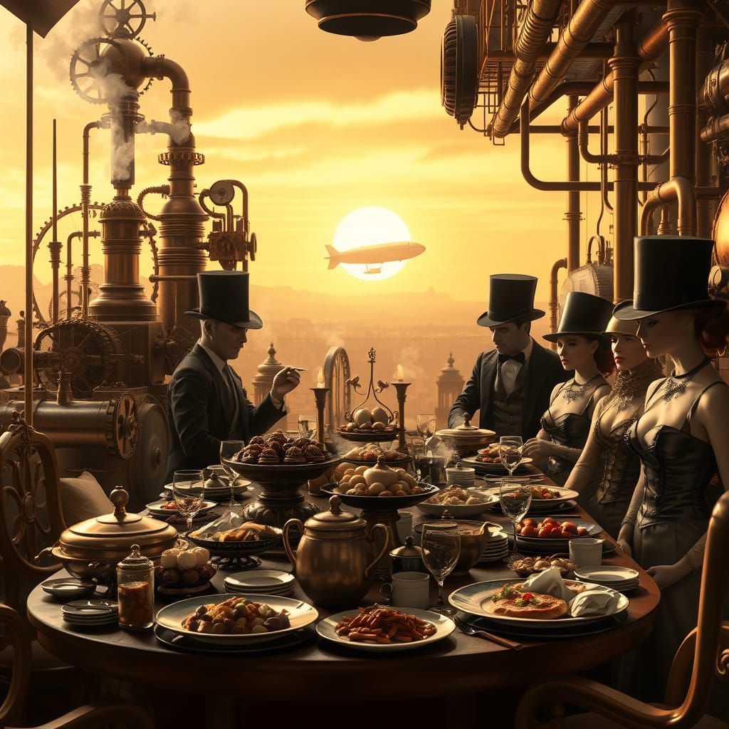 Steampunk dinner. Victorian-era aesthetics with anachronistic technology.  by @Havping