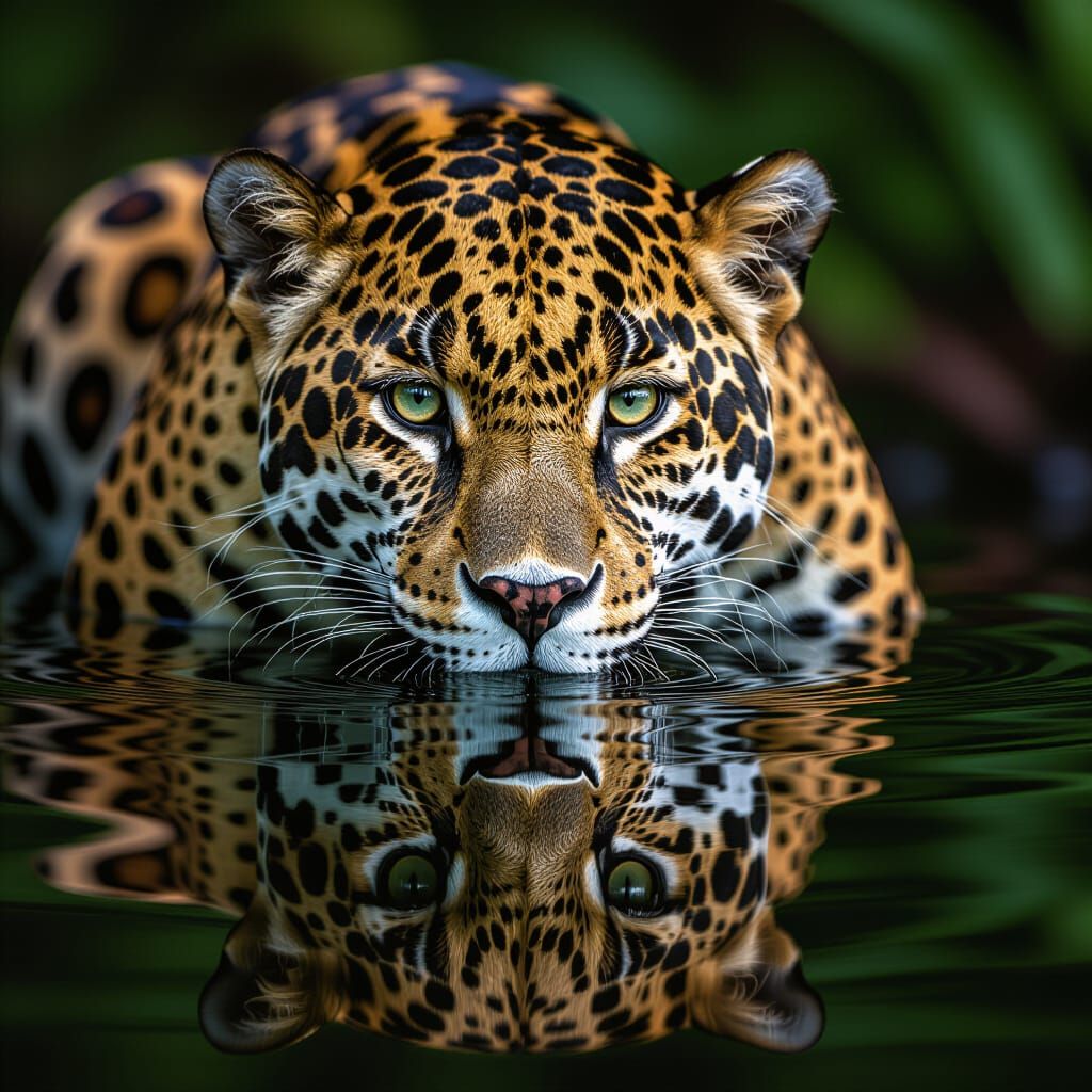 A jaguar's head and its reflection in the water are captured in a close-up shot, showcasing the intricate ...  by @Trish