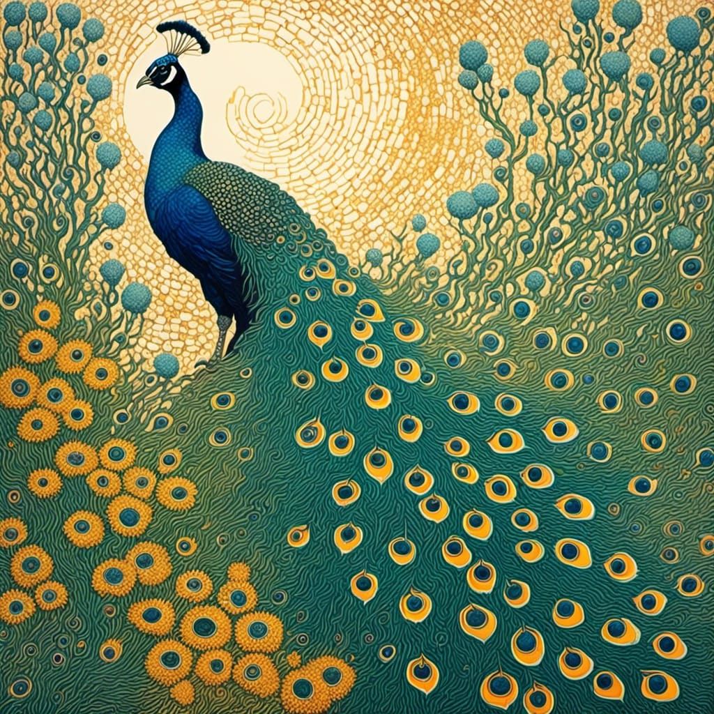 Post impressionist pointillist image of byzantium royal court, peacocks <lora:Dot Dot Dash:1.0> watercolour and ink pointillism inspired by...