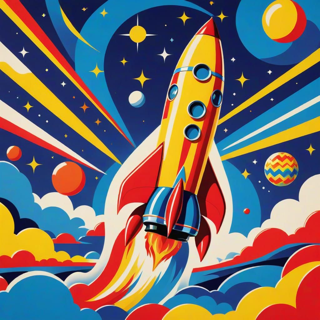A classic image of a 1950s-style rocket ship, reimagined in a Pop Art ...