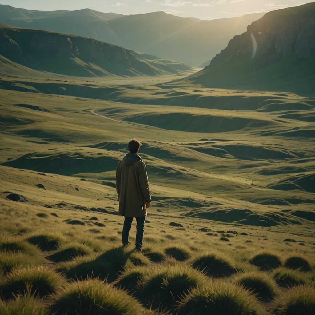 Mysterious Figure in Golden Landscape, Cinematic Film Still