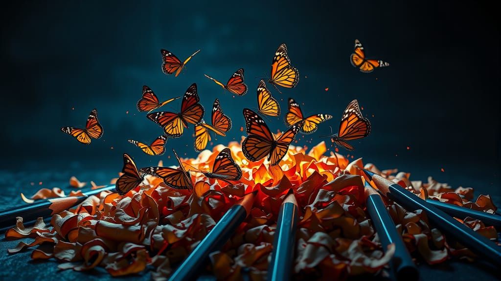 A swarm of butterflies breaking free from sharpened pencil shavings (10)