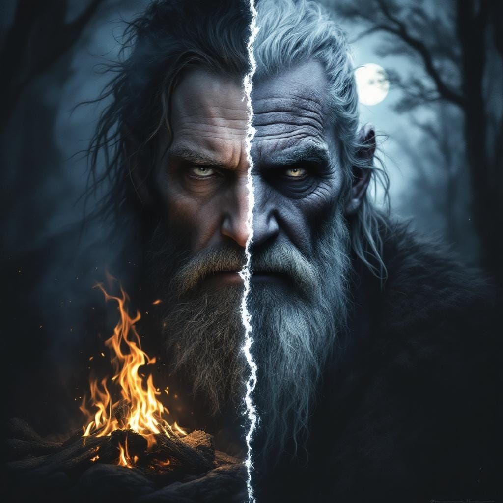 A split portrait of a skald: one half depicts him in his youth, fiery and adventurous, singing tales of glory around a crackling bonfire; th...